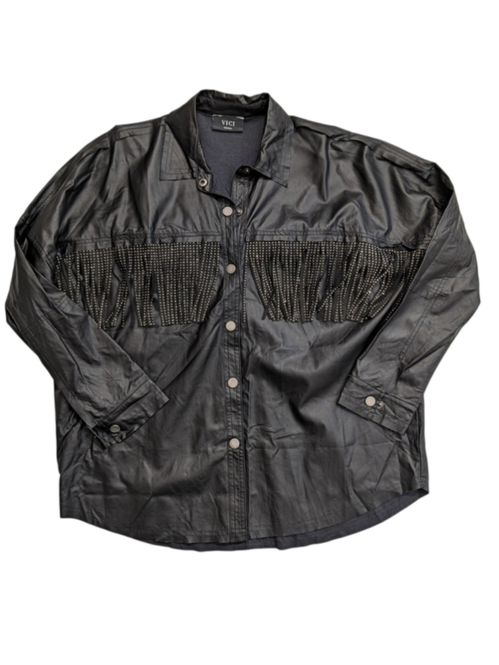 VICI Black Faux Leather Rhinestone Fringe Button Down Shirt Size Small - Picture 3 of 11